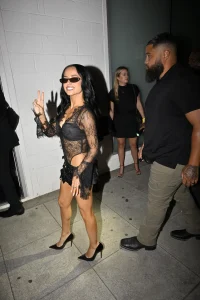 Becky G Wears a Black Lace Bodysuit and Hardware Mini Skirt at Baraja Bendita Party