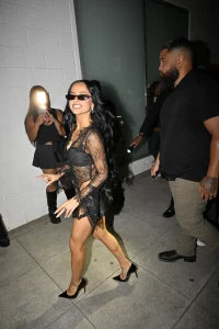 Becky G Wears a Black Lace Bodysuit and Hardware Mini Skirt at Baraja Bendita Party