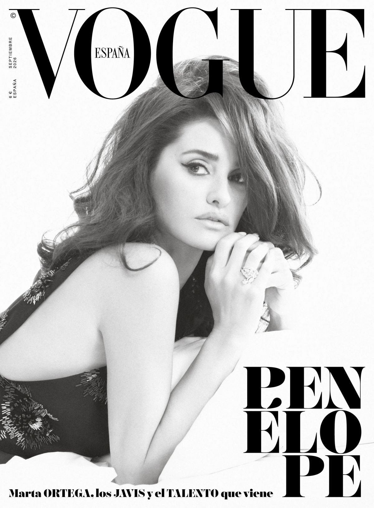 Penélope Cruz posing for the Vogue Spain September 2026 cover in a dramatic couture gown